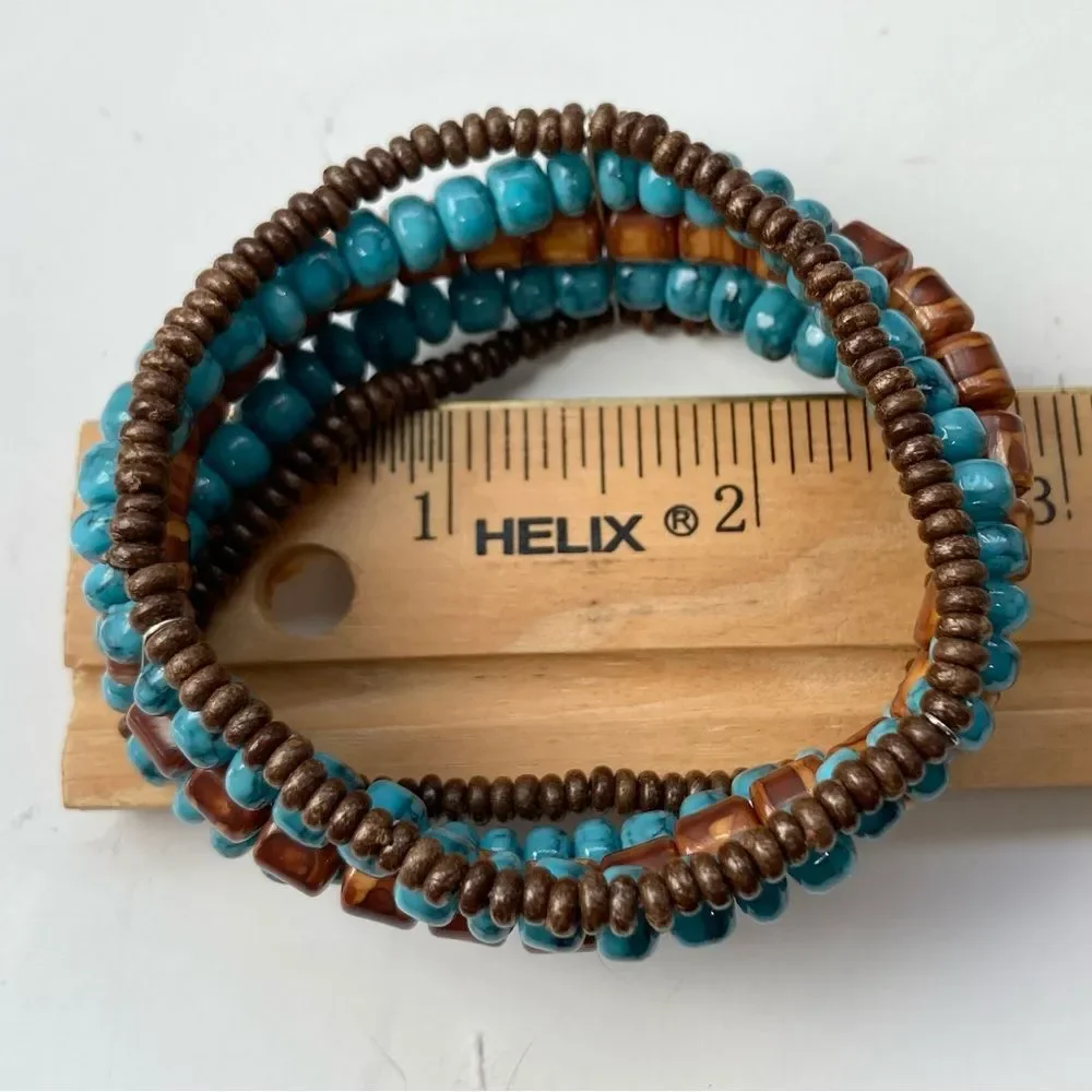Indian Aztec Wooden Beaded Bracelet Teal Turquoise Brown Metal Stretch